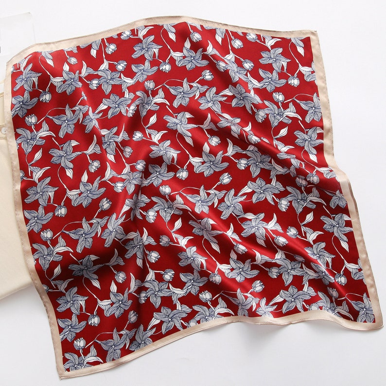 Red silk scarf square for women&men, silk bandana, small silk scarf, mens silk scarf leaves silk neckerchief silk head scarf silk neck scarf image 5