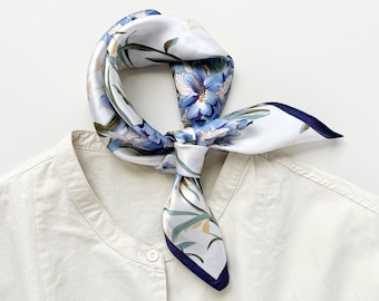 Blue bell small silk scarf women, 100% silk bandana women, silk head scarf, silk hair scarf, silk neck scarf, silk neckerchief women