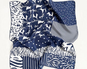 Timeless navy blue square silk scarf women&men, silk bandana women, silk neckerchief, silk neck scarf, silk head scarf, mens neckerchief