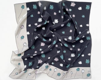 Foulard en soie noire floral intemporel pour femme, foulard en soie, bandana en soie pour femme, foulard en soie pour femme, foulard en soie, bandeau à fleurs en soie