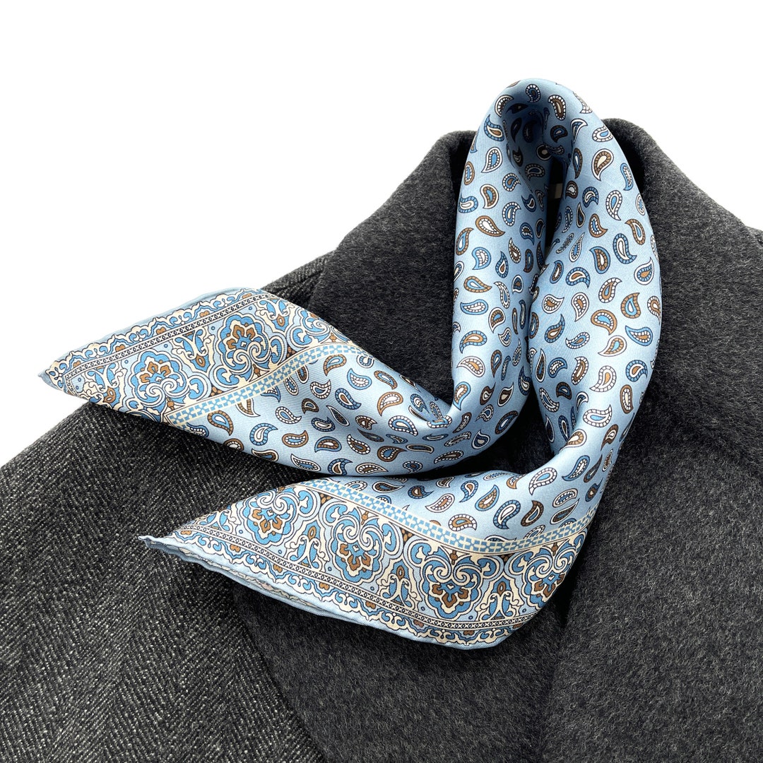 Classic Blue Paisley Mens Silk Scarf Square, Small Silk Scarf, Mens