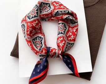 Boho roter und blauer kleiner Seidenschal quadratisch für Männer und Frauen, Bandana aus 100 % Seide, Herrenhalstuch, Herren-Seidenschal, Seidenkopftuch, Seidenhalstuch