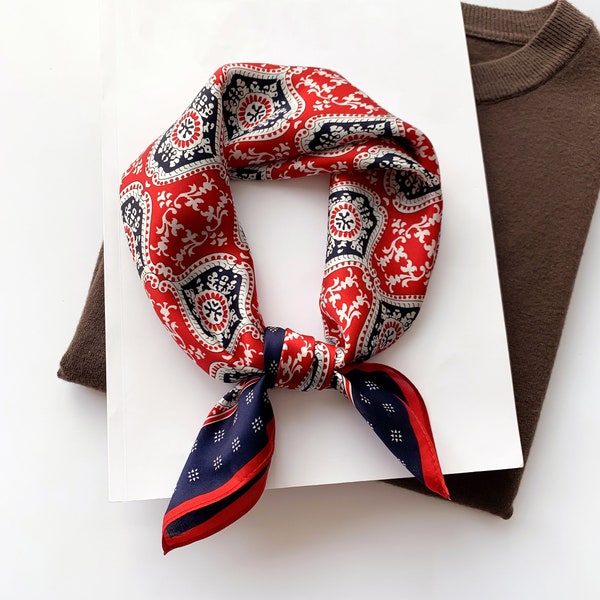 Boho red and blue small silk scarf square for men&women, 100% silk bandana, mens neckerchief,mens silk scarf,silk head scarf,silk neck scarf