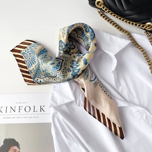 Classic small silk scarf square, 100% silk bandana women, silk neckerchief men, silk hair scarf, small neck scarf, pure silk scarf leaves