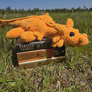 May include: An orange crocheted dragon rests atop a stack of three books. The books have gold lettering and the author's name, Rebecca Yarros, is visible. The dragon has black eyes and is lying in a grassy field under a blue sky.