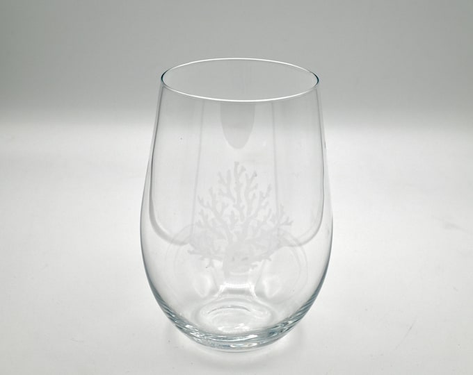 Etched Stemless Wine Glass - Coral