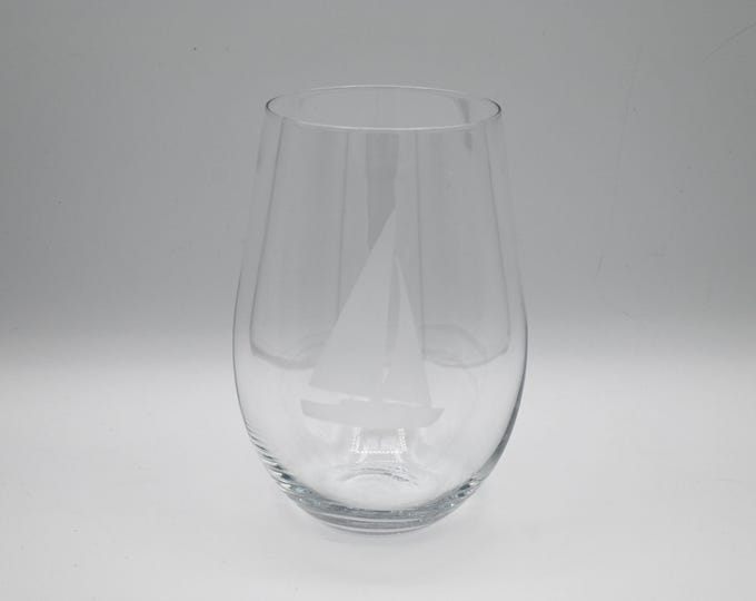 Etched Stemless Wine Glass - Sailboat