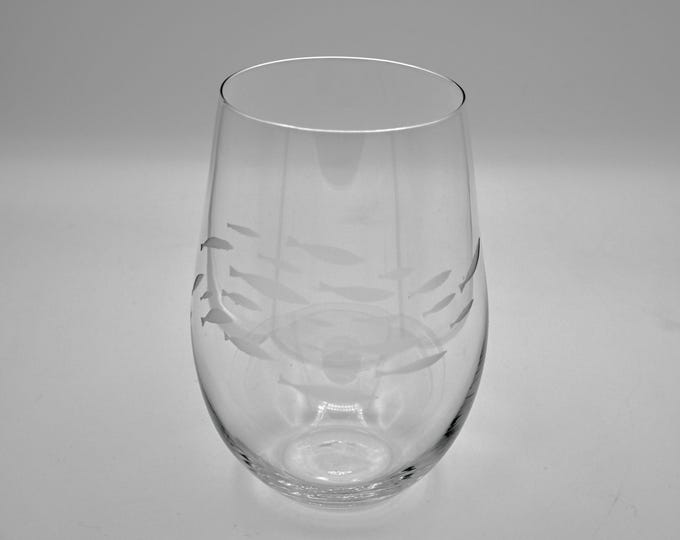 Etched Stemless Wine Glass - School of Fish