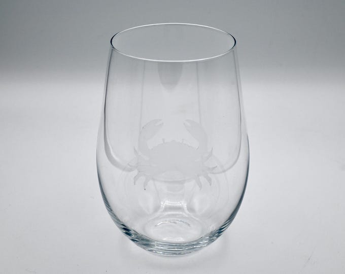 Etched Stemless Wine Glass - Crab