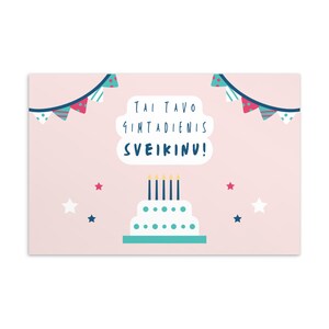 Lithuanian Birthday Postcard with Cake and Banner