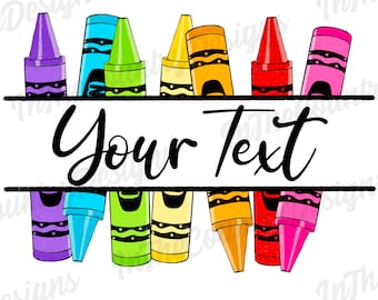 Op de afbeelding: Een digitaal bestand van een ontwerp met een rij kleurpotloden met de tekst "Your Text" in een banner erboven. De kleurpotloden zijn gerangschikt in een regenboogpatroon, met de kleuren rood, oranje, geel, groen, blauw en paars. Het ontwerp is perfect voor het maken van gepersonaliseerde knutselwerken, uitnodigingen of andere projecten.