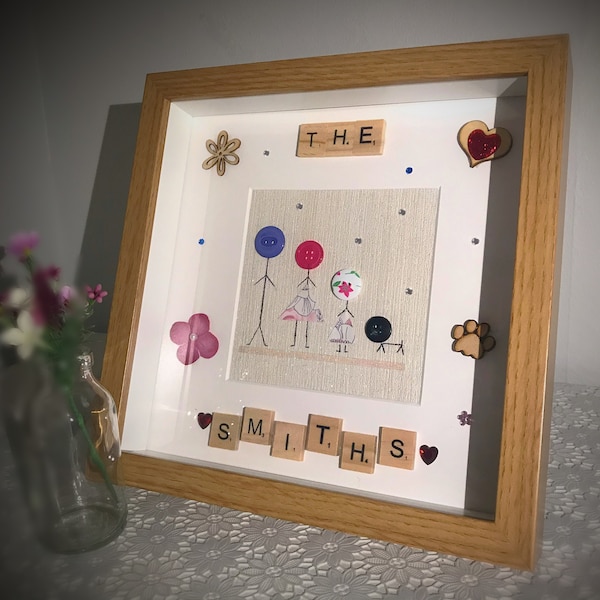 Button Family Frame, Button Frame, Button Art, Family Frame, Button Wall Art, Button Scrabble Family Frame, Scrabble Family Names, Wall Art