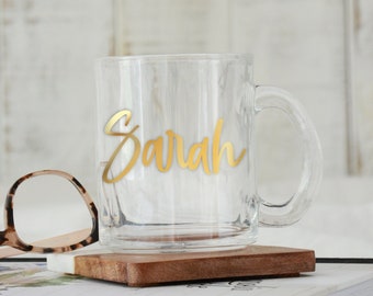 Personalized Clear Glass Mug, Custom Name Mug, Glass Cup, Clear Coffee Cup, Bridesmaid Gift, Bride, Groom, For Her, For Him, Teacher, Boss