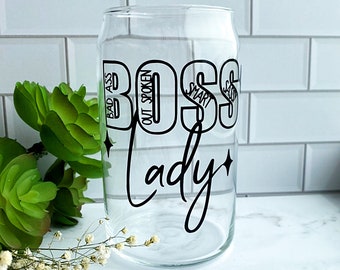 Boss Lady, Beer Can Glass, Best Boss gift custom, Iced Coffee, Aesthetic, Glass Coffee Cup, Beer Glass Cup, Soda Can, Personalized gift