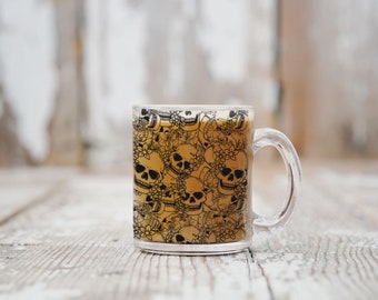 Flowers and Skull Mug, Skeleton Glass Mug, Dead Inside But Caffeinated, Spooky Season, Coffee Cup, Clear Cup