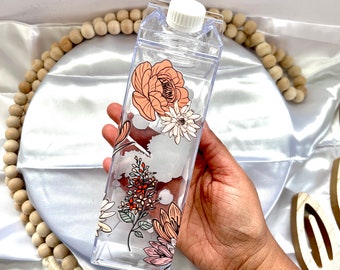 Peonies floral Clear Milk Carton Water bottle, 16oz 500ml Tumbler, Neutral Color Flower Cup, Floral Boho Gift under 20, Reusable Cup