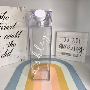 Personalized Clear Acrylic Milk Carton Water bottle, Minimalistic Name Cup 16 oz, 500ml, Custom Plastic Reusable Tumbler, Cute Gift under 20