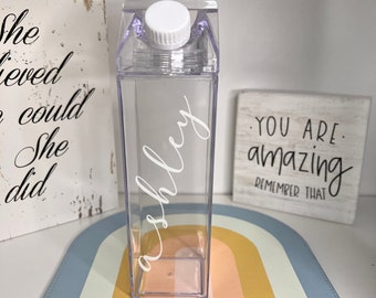 Personalized Clear Acrylic Milk Carton Water bottle, Minimalistic Name Cup 16 oz, 500ml, Custom Plastic Reusable Tumbler, Cute Gift under 20