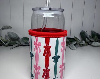 Christmas Bow Print Drink Sleeve with Handle, Coffee Cup Sleeve, Cozie