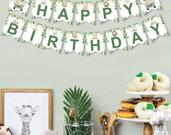 Watercolor Safari Animal Happy Birthday Banner