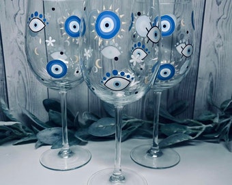 Greek Evil Eye Wine Glass, Wine Glass,Evil Eye Glass, Evil Eye, Birthday Glass, Birthday Gift, Greek Evil Eye Wine Glass, Stemmed Glass