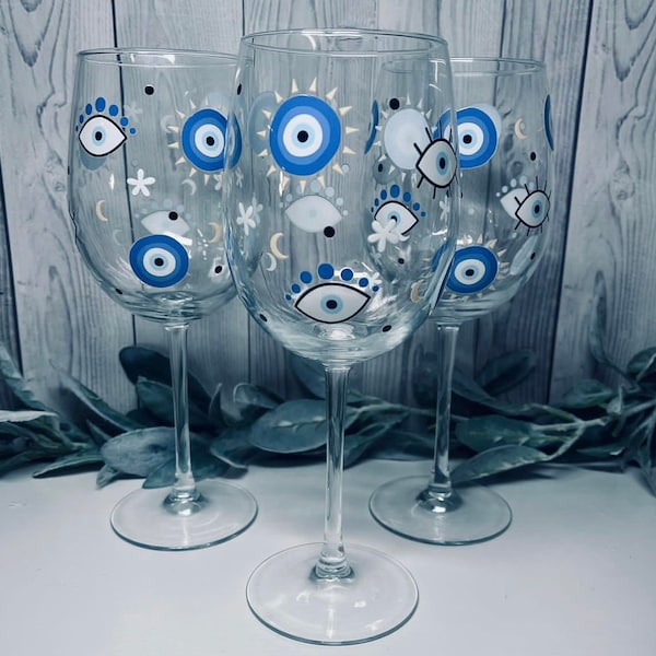 Greek Evil Eye Wine Glass, Wine Glass,Evil Eye Glass, Evil Eye, Birthday Glass, Birthday Gift, Greek Evil Eye Wine Glass, Stemmed Glass