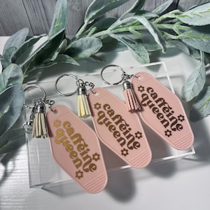Caffeine Queen Motel Keychain/Coffee Keychain/Coffee Motel Keychain/ Hotel Keychain/Gift for her/Retro Keychain/Caffein Keychain