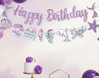 Banner de feliz cumpleaños de sirena, decoración de fiesta con brillantes colores pastel