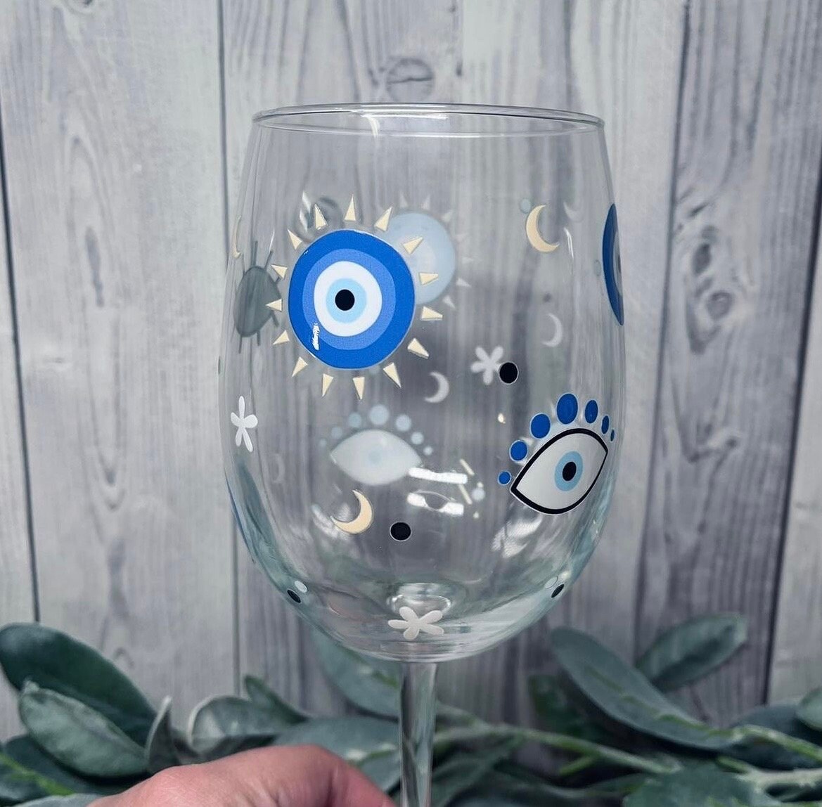 Greek Evil Eye Wine Glass, Wine Glass,Evil Eye Glass, Evil Eye, Birthday  Glass, Birthday Gift, Greek Evil Eye Wine Glass, Stemmed Glass