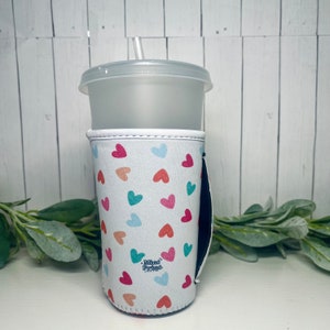 Colorful Hearts Drink Sleeve With Handle coffee cup sleeve, cup sleeve, iced coffee drink sleeve, drink cozies, Colorful Hearts, Medium