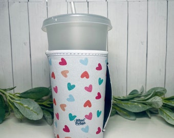 Colorful Hearts Drink Sleeve With Handle - Iced Coffee Cup Cozie (Medium)