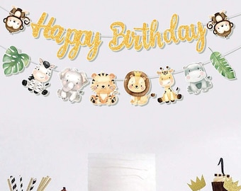 Safari Animal Happy Birthday Banner, Glitter Gold Party Sign