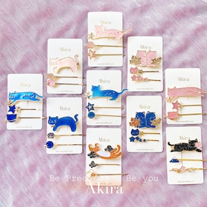 Cutie Cat hairclip set with hairpin, kitten hair clip, Star hairclip, cat lover, Cat Planet hairclip, Cat Paw hairclip, Cats bobby pins