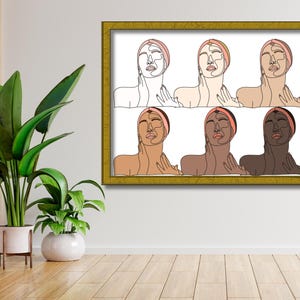 May include: A digital illustration of six women's faces with different skin tones. Each woman is wearing a pink headband and has her hands on her face. The background is white.