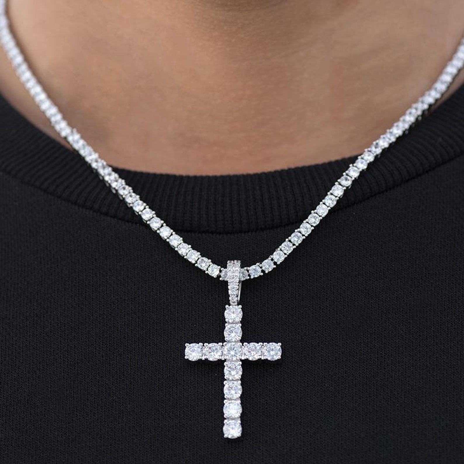 14k Gold Silver Tennis Chain Cross Pendant Diamond ICED | Etsy