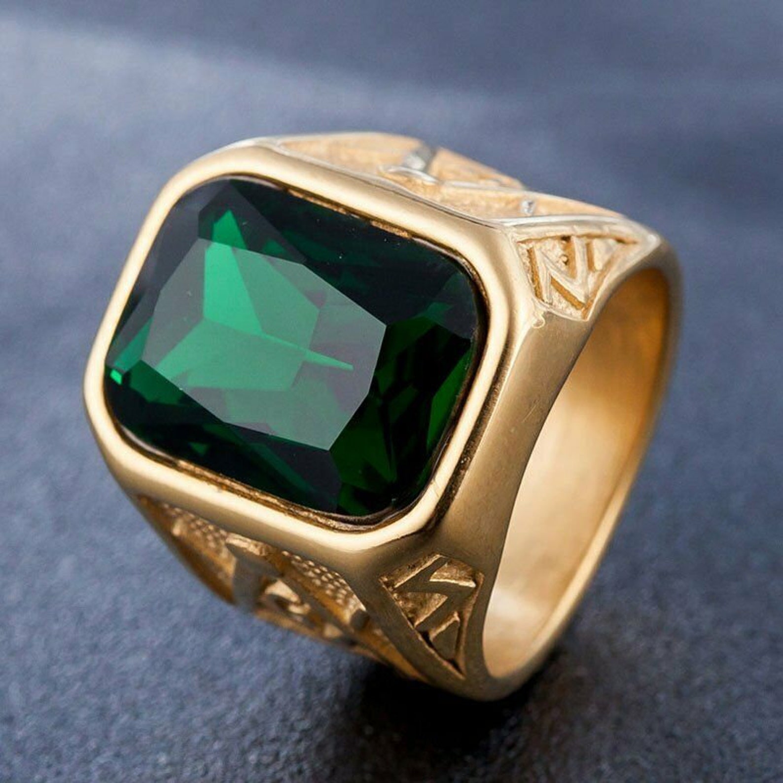 Solid Mens Gold Faux Green Emerald Stone Masonic Ring 316L | Etsy