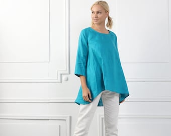 ELIANA Handmade Loose Fit Linen Top With 3/4 Sleeves, Teal Blue Linen Blouse For Womens, Modern Italian Pure Linen Clothig Short Linen Tunic