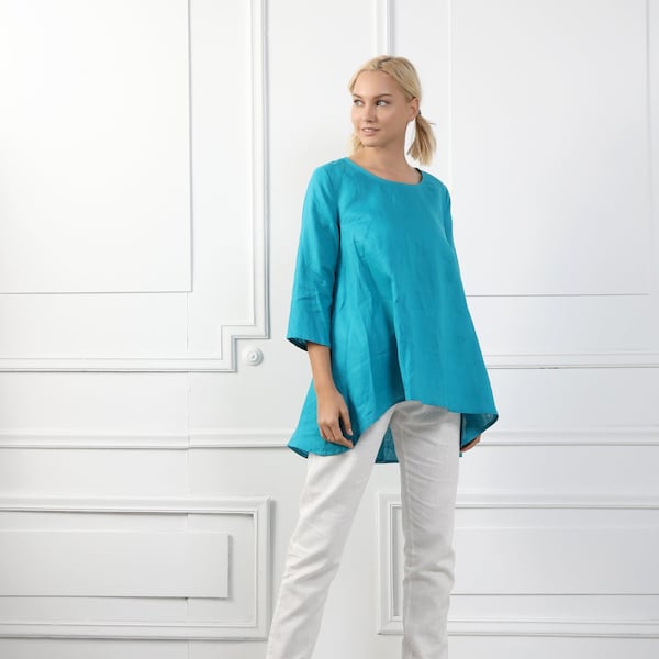 ELIANA Handmade Loose Fit Linen Top With 3/4 Sleeves, Teal Blue Linen Blouse For Womens, Modern Italian Pure Linen Clothig Short Linen Tunic