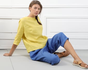 ELENA Handgemaakte linnen top met boot halslijn, gele Italiaanse pure zachte linnen zomerkleding voor dames, minimale vintage stijl blouse tops