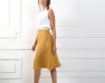 MARY Handmade A-Line Dark Camel Linen Skirt, Natural Reversible Midi Vintage Linen Clothing Skirt For Womens Organic Soft Clothing Plus Size