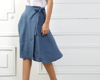 ALEXANDRA Handmade A-Line Wrap Linen Skirt, Denim Blue Wrap Reversible Midi Vintage Linen Clothing Skirt For Womens, Wrap Clothing Plus Size