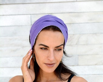 Purple 100% Linen Headband Bandanna Natural Materials, Elastic Hairband Sports Yoga Fashion Wrap Womens, Girls Mens Turban Head Band Bandana