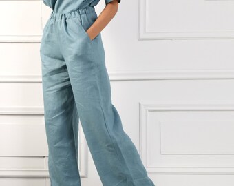 Turquoise linen pants clearance