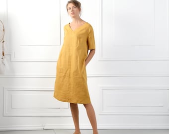 SOFIA Handmade Short Sleeve Linen Dress With V Neckline & Belt