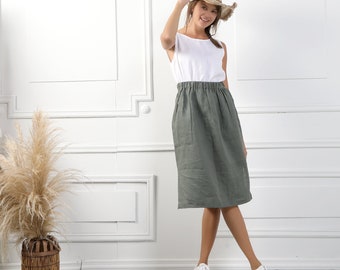 ANDREA Handmade Tutu Style Linen Skirt With Side Splits, Loose Midi Linen Olive Skirt Women Vintage Skirt Natural Linen Clothing For Womens