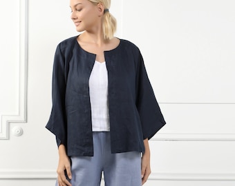 SAMANTHA Handmade Linen Cardigan With 3/4 Kimono Sleeves, Dark Blue Color Organic Italian Soft Linen Short Summer Womens Jacket Cartigan