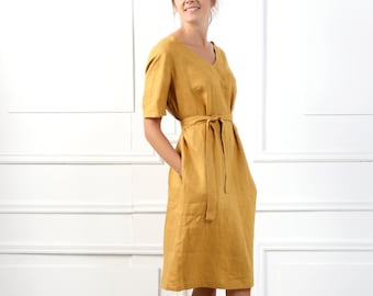 SOFIA Handmade Short Sleeve Linen Dress With V Neckline & Belt