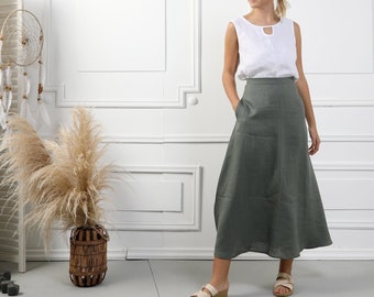 ATHENA Handmade A-Line Olive Green Linen Skirt, Natural Reversible Maxi Vintage Linen Clothing Skirt Womens Organic Soft Clothing Plus Size