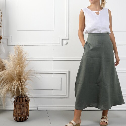 ATHENA Handmade A-line Olive Green Linen Skirt Natural | Etsy