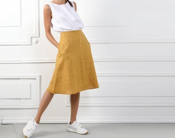 MARY Handmade A-Line Dark Camel Linen Skirt Natural Reversible Midi Vintage Linen Clothing Skirt For Womens Organic Soft Clothings Plus Size